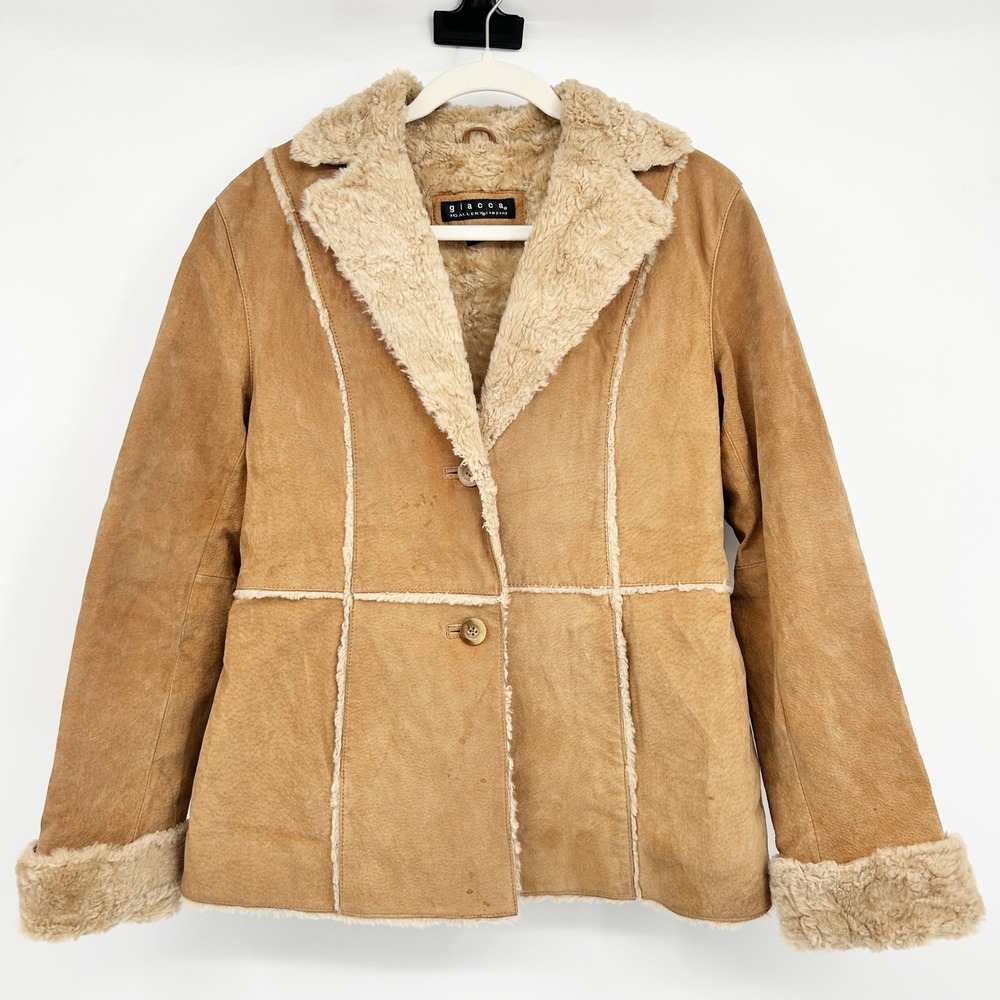 Giacca Womens Vintage Genuine Leather Faux Fur Trim Penny Lane Shearling Coat M